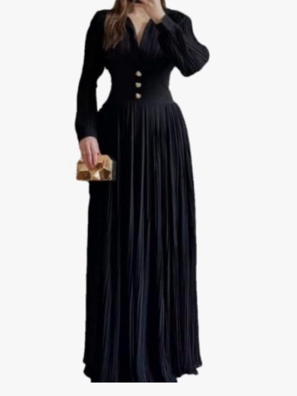 MODESEES Black Long-Sleeve Pleated Maxi Dress with Gold Button Waist Size Medium - Picture 3 of 10
